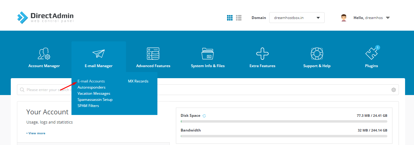 email accounts in admin panel